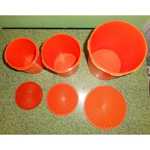 Vintage Orange Tupperware Nesting Canister Set of 3 servalier mcm 1970s storage - Picture 11 of 16